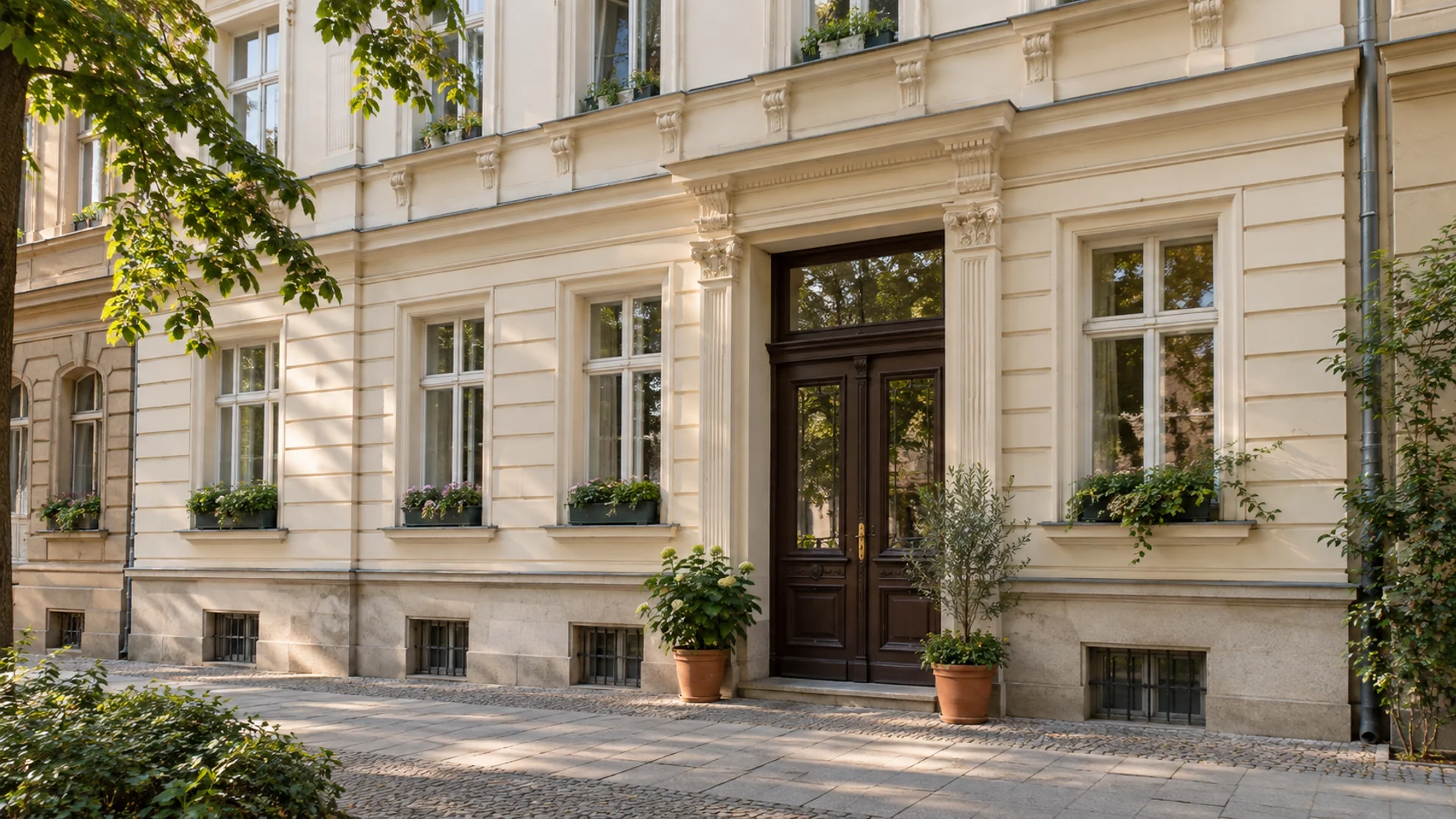 Gepflegte Berliner Gründerzeitfassade mit dunkler Eingangstür und Bepflanzung – Symbolbild