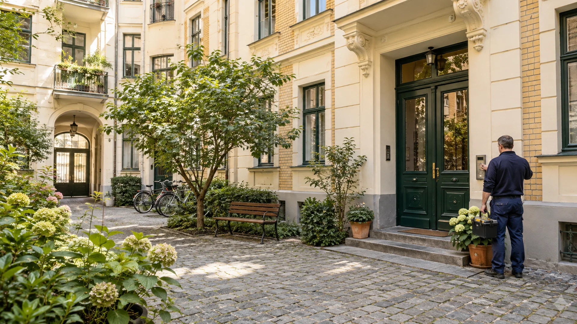 Hausmeister in einem gepflegten Berliner Altbau-Innenhof bei der Kontrolle eines Gebäudeeingangs – Symbolbild