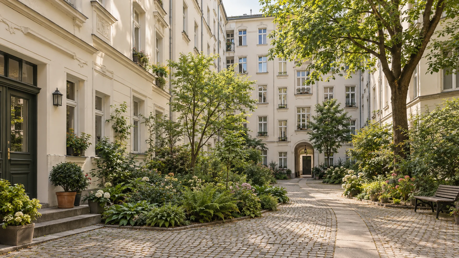 Gepflegter Berliner Gründerzeit-Innenhof mit begrünten Beeten, Naturstein und instand gehaltener Fassade – Symbolbild